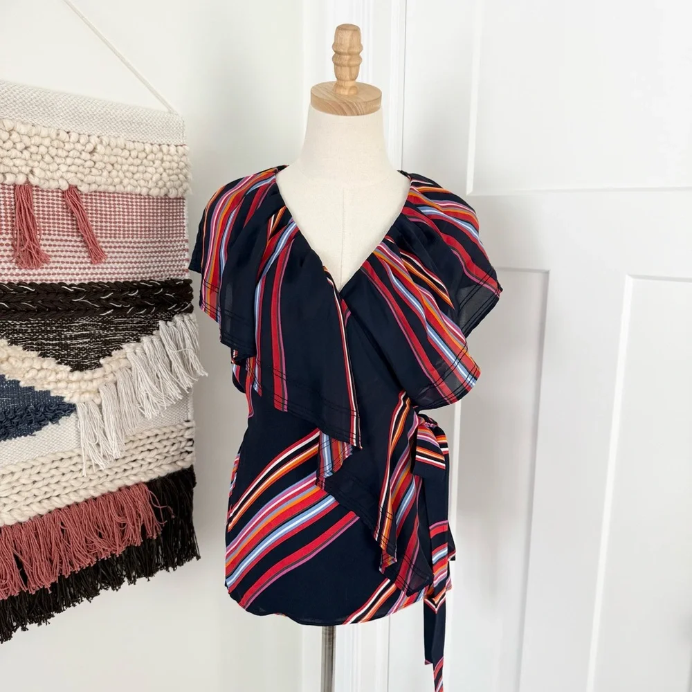 Tory Burch Amelia Navy Blue Multicolor Stripe Ruffled Wrap Blouse Top Sz 8